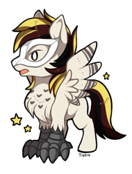 Size: 350x460 | Tagged: safe, artist:mr-tiaa, oc, oc only, oc:silent flight, species:hippogriff, chest fluff, chibi, colored wings, colored wingtips, hippogriff oc, male, mask, open mouth, signature, simple background, solo, spread wings, standing, stars, white background, wings