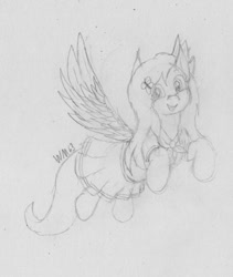 Size: 822x973 | Tagged: safe, artist:wapamario63, character:fluttershy, species:pegasus, species:pony, clothing, cute, female, flying, mare, moe, monochrome, pleated skirt, school uniform, schoolgirl, sketch, skirt, solo, traditional art, wings