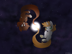 Size: 1600x1200 | Tagged: safe, artist:sinamuna, derpibooru original, oc, oc only, oc:java, oc:littlepip, species:earth pony, species:pony, species:unicorn, fallout equestria, boots, clothing, duo, fanfic, fanfic art, female, floating, galaxy, hooves, horn, large filesize, magic, mare, pair, shoes, space, stars, symbolism, unobtrusive watermark, upside down, wallpaper, yin-yang
