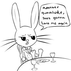 Size: 1900x1900 | Tagged: safe, artist:fluor1te, character:angel bunny, black and white, chair, clothing, dialogue, dinner, glass, grayscale, lineart, male, monochrome, movie reference, open mouth, scarface, sitting, solo, suit, tony montana, vulgar, wine glass