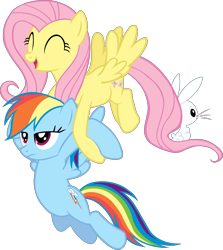 Size: 5129x5762 | Tagged: safe, artist:scrimpeh, character:angel bunny, character:fluttershy, character:rainbow dash, species:pegasus, species:pony, episode:may the best pet win, g4, my little pony: friendship is magic, absurd resolution, carrying, cute, female, flying, holding a pony, rabbits riding ponies, smiling, unamused
