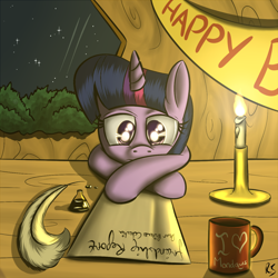 Size: 1000x1000 | Tagged: safe, artist:redesine, character:twilight sparkle, candle, female, inkwell, mug, quill, solo