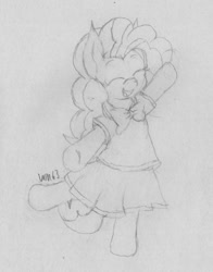 Size: 792x1009 | Tagged: safe, artist:wapamario63, character:pinkie pie, species:earth pony, species:pony, bipedal, clothing, cute, eyes closed, female, happy, mare, moe, monochrome, pleated skirt, school uniform, schoolgirl, sketch, skirt, smiling, solo, traditional art
