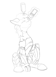 Size: 1449x1998 | Tagged: safe, artist:settop, oc, oc:blackjack, species:pony, species:unicorn, fallout equestria, fallout equestria: project horizons, alcohol, cyborg, fanfic art, glowing horn, horn, lineart, magic, queen whiskey, simple background, sketch, solo, telekinesis, whiskey, white background, wild pegasus