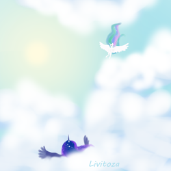 Size: 5000x5000 | Tagged: safe, artist:livitoza, character:princess celestia, character:princess luna, species:pony, cloud, flying