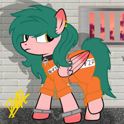 Size: 768x768 | Tagged: safe, artist:thunder burst, oc, species:pegasus, species:pony, clothing, collar, cuffs, female, mare, prison, prison outfit, solo