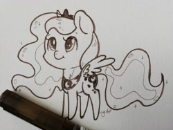 Size: 5120x3840 | Tagged: safe, artist:lightisanasshole, character:princess luna, species:alicorn, species:pony, :t, adorkable, big eyes, black and white, chibi, crown, cute, dork, female, grayscale, jewelry, lunabetes, marker drawing, monochrome, photo, regalia, simple background, solo, traditional art, white background