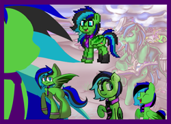 Size: 1195x864 | Tagged: safe, artist:torpy-ponius, oc, oc:torpy, species:bat pony, species:pony, pony town, bat pony oc, bat wings, blue hair, bracelet, compilation, ear, eye, eyes, face, green pony, hair, jewelry, legs, mane, metal, nose, reference, reference sheet, skateboard, tail, wings
