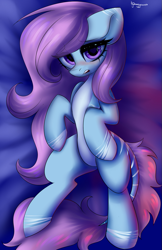 Size: 699x1080 | Tagged: safe, artist:hydrargyrum, oc, oc only, oc:cotton dreams, species:pony, blushing, commission, looking at you, on back
