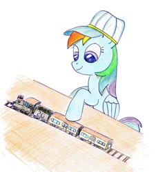 Size: 975x1080 | Tagged: safe, artist:m.w., character:rainbow dash, species:pegasus, species:pony, clothing, female, hat, mare, simple background, solo, toy train, training, white background