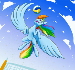 Size: 1500x1392 | Tagged: safe, artist:ikarooz, character:rainbow dash, species:pony, beach, cloud, female, perspective, sky, solo, sports, spread wings, sweatband, volleyball, volleyball net, wings