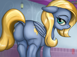 Size: 3151x2334 | Tagged: safe, artist:celsian, character:goldy wings, species:pegasus, species:pony, anatomically incorrect, background pony, bedroom eyes, both cutie marks, butt, dock, female, floppy ears, friendship student, incorrect leg anatomy, looking at you, looking back, looking back at you, mare, open mouth, plot, solo, tail aside