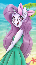 Size: 1080x1920 | Tagged: safe, artist:obscuredragone, oc, oc:violin melody, species:anthro, species:pony, species:unicorn, beach, bow, clothing, cute, dress, female, goth, gothic, green dress, hair bow, happy, horn, horse, hot, light skin, long hair, mare, ocean, palm, photo, pink bow, pink eyes, pink ribbon, purple mane, ribbon, solo, starfish, summer, sweet, wave