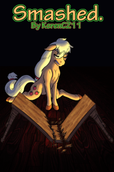 Size: 2000x3000 | Tagged: safe, artist:korencz11, character:applejack, species:earth pony, species:pony, fanfic, fanfic art, fanfic cover, female, furniture, furniture abuse, hatless, missing accessory, solo, table