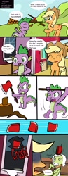 Size: 1750x4510 | Tagged: safe, artist:helsaabi, character:applejack, character:granny smith, character:spike, accident, axe, comic, fainted, weapon, wood