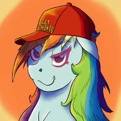 Size: 1000x1000 | Tagged: safe, artist:korencz11, character:rainbow dash, species:pony, newbie artist training grounds, atg 2019, clothing, female, get smoked, hat, simple background, solo
