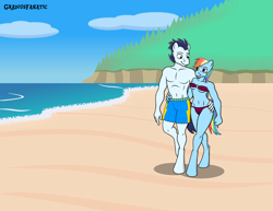 Size: 3832x2952 | Tagged: safe, artist:gradiusfanatic, character:rainbow dash, character:soarin', species:anthro, species:unguligrade anthro, ship:soarindash, beach, belly button, bikini, boxers, clothing, female, male, midriff, partial nudity, shipping, straight, swimsuit, topless, underwear
