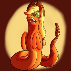 Size: 1500x1500 | Tagged: safe, artist:korencz11, character:applejack, species:lamia, newbie artist training grounds, atg 2019, clothing, female, hat, lamiafied, monster pony, original species, simple background, snake pony, solo, species swap
