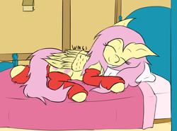 Size: 3025x2240 | Tagged: safe, artist:wapamario63, character:fluttershy, species:pegasus, species:pony, bed, clothing, colored, cute, eyes closed, female, flat colors, folded wings, leggings, mare, pillow, shyabetes, sleeping, smiling, socks, solo, wings