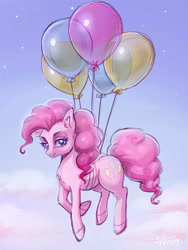Size: 1200x1600 | Tagged: safe, artist:noupie, character:pinkie pie, species:earth pony, species:pony, balloon, cloud, female, floating, lidded eyes, mare, solo, then watch her balloons lift her up to the sky