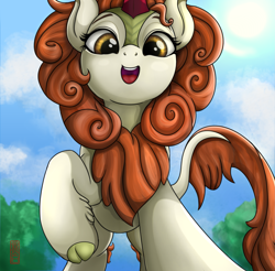Size: 2335x2297 | Tagged: safe, artist:celsian, character:autumn blaze, species:kirin, episode:sounds of silence, g4, my little pony: friendship is magic, awwtumn blaze, cloven hooves, cute, female, leaves, leg fluff, looking at you, looking down, low angle, offscreen character, open mouth, pov, raised hoof, signature, smiling, solo, standing, worm's eye view
