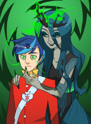Size: 480x650 | Tagged: safe, artist:magneticskye, character:queen chrysalis, character:shining armor, abstract background, female, green sclera, humanized, long nails, male, mind control, straight