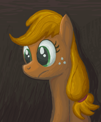 Size: 600x720 | Tagged: safe, artist:scrimpeh, character:applejack, species:earth pony, species:pony, bust, female, frown, mare, profile, solo