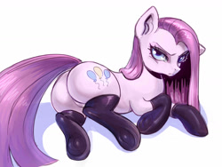 Size: 1600x1200 | Tagged: safe, artist:noupie, character:pinkamena diane pie, character:pinkie pie, species:earth pony, species:pony, balloonbutt, black socks, butt, clothing, female, hoofbutt, latex, latex socks, plot, simple background, socks, solo, white background