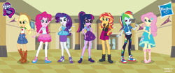Size: 5500x2309 | Tagged: safe, artist:twilirity, character:applejack, character:fluttershy, character:pinkie pie, character:rainbow dash, character:rarity, character:sunset shimmer, character:twilight sparkle, character:twilight sparkle (scitwi), species:eqg human, g4, my little pony: equestria girls, my little pony:equestria girls, applejack's hat, belt, boots, bracelet, clothing, converse, cowboy hat, denim skirt, dress, equestria girls logo, freckles, geode of empathy, geode of fauna, geode of shielding, geode of sugar bombs, geode of super speed, geode of super strength, geode of telekinesis, glasses, hat, high heel boots, high heels, humane five, humane seven, humane six, jewelry, magical geodes, miniskirt, multicolored hair, pants, pantyhose, pencil skirt, ponytail, poster, shoes, skirt, sneakers, socks, stetson