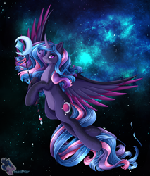 Size: 3150x3700 | Tagged: safe, artist:mailner, character:princess luna, character:twilight sparkle, character:twilight sparkle (alicorn), species:alicorn, species:pony, colored wings, female, fusion, horn, hybrid, lipstick, looking at you, pale belly, redesign, slit eyes, snake eyes, solo, spread wings, staff, wings