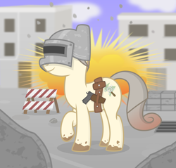 Size: 2200x2100 | Tagged: safe, artist:devfield, oc, oc only, oc:osha, species:earth pony, species:pony, ammo belt, ammo pouch, barrier, blurred background, building, cloud, concrete, cool guys don't look at explosions, dirty, door, drain, explosion, female, gradient hair, gun, gun holster, helmet, m1911, playerunknown's battlegrounds, rock, rubble, ruins, shading, shadow, show accurate, sky, solo, weapon, window