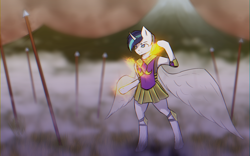 Size: 3200x2000 | Tagged: safe, artist:al1-ce, derpibooru original, character:shining armor, species:anthro, armor, armor skirt, armpits, battlefield, clothing, commission, magic, male, skirt, solo, spear, standing, weapon, your character here
