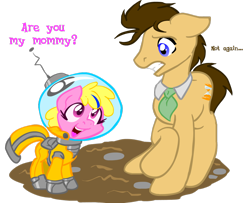 Size: 1280x1039 | Tagged: safe, artist:inkwell, character:doctor whooves, character:time turner, oc, oc:puppysmiles, species:earth pony, species:pony, fallout equestria, comic, cutie mark, fallout, fallout equestria: pink eyes, fanfic, fanfic art, female, filly, floppy ears, foal, hazmat suit, hooves, open mouth, simple background, smiling, teeth, the empty child, transparent background