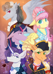 Size: 2598x3626 | Tagged: safe, artist:magicbalance, character:applejack, character:fluttershy, character:rainbow dash, character:rarity, character:twilight sparkle, character:twilight sparkle (alicorn), species:alicorn, species:pony, angry, bow, bow tie, clothing, dress, ear piercing, earring, gala dress, hat, i know those eyes, jewelry, magic, mole, money, piercing, rule 63, sparkles, the count of monte cristo, the count of monte rainbow, tiara
