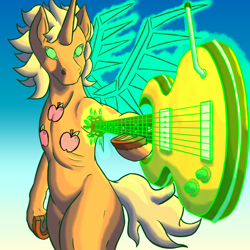 Size: 1000x1000 | Tagged: safe, artist:korencz11, character:applejack, species:alicorn, species:pony, fanfic:star overhead, newbie artist training grounds, atg 2019, female, flying, guitar, magic, solo, wings