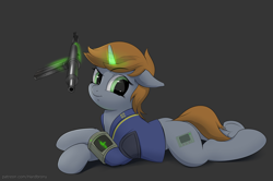 Size: 3535x2346 | Tagged: safe, artist:hardbrony, oc, oc only, oc:littlepip, species:pony, species:unicorn, fallout equestria, clothing, cutie mark, fanfic, fanfic art, female, floppy ears, glowing horn, gray background, gun, hooves, horn, levitation, lying down, magic, mare, pipbuck, prone, simple background, solo, submachinegun, telekinesis, vault suit, weapon