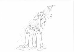 Size: 1198x842 | Tagged: safe, artist:friendshipishorses, character:fluttershy, species:pegasus, species:pony, newbie artist training grounds, cute, eyes closed, female, floppy ears, monochrome, shower, shyabetes, smiling, solo, traditional art, wet mane