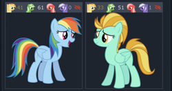 Size: 750x400 | Tagged: safe, artist:vladimirmacholzraum, derpibooru original, character:lightning dust, character:rainbow dash, oc, oc:comment, oc:downvote, oc:favourite, oc:upvote, species:pegasus, species:pony, derpibooru, derpibooru ponified, derpibooru family, female, looking at each other, mare, meta, ponified, vector