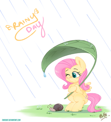 Size: 1695x1863 | Tagged: safe, artist:tikrs007, character:fluttershy, species:pegasus, species:pony, blushing, cute, female, leaf umbrella, one eye closed, rain, shyabetes, snail, solo