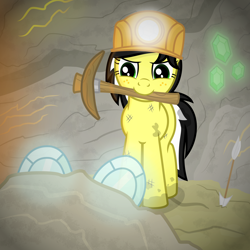 Size: 2500x2500 | Tagged: safe, artist:devfield, oc, oc only, oc:uppercute, species:pony, arrow, cave, diamond, dirt, dirty, emerald, feather, female, gem, glow, gold, helmet, high res, iron, mining, mining helmet, mouth hold, pickaxe, rock, shading, shadow, show accurate, vignette