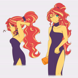 Size: 6070x6070 | Tagged: safe, artist:dragonemperror2810, character:sunset shimmer, my little pony:equestria girls, absurd resolution, alternate hairstyle, arm behind head, armpits, beautiful, clothing, cute, dress, evening gown, eye clipping through hair, eyebrows, eyebrows visible through hair, female, hair over one eye, handbag, legs, looking at you, music notes, one eye closed, shimmerbetes, side slit, smiling, solo, wink