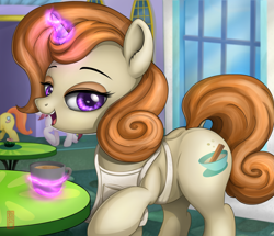 Size: 2717x2340 | Tagged: safe, artist:celsian, character:cayenne, character:cinnamon chai, character:citrus blush, species:pony, species:unicorn, episode:rarity investigates, g4, my little pony: friendship is magic, apron, background pony, canterlot, clothing, dock, eyeshadow, female, glowing horn, horn, levitation, lidded eyes, looking at you, magic, magic aura, makeup, mare, mug, offscreen character, open mouth, raised hoof, signature, smiling, solo, standing, telekinesis