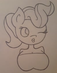 Size: 1810x2287 | Tagged: safe, artist:lightning135, character:cup cake, species:anthro, species:earth pony, species:pony, breasts, bust, cleavage, one eye closed, smiling, traditional art, wink