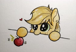 Size: 3836x2640 | Tagged: safe, artist:lightisanasshole, character:applejack, species:earth pony, species:pony, :t, adorkable, apple, big eyes, bronybait, cute, dork, ear fluff, female, food, heart, jackabetes, nom, shiny, solo, stars, table, traditional art, watching, watercolor painting