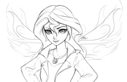 Size: 1000x647 | Tagged: safe, artist:imdrunkontea, character:sunset shimmer, my little pony:equestria girls, clothing, ethereal wings, female, grayscale, jacket, leather jacket, looking at you, monochrome, simple background, sketch, white background, wings