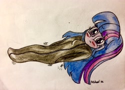 Size: 3015x2162 | Tagged: safe, artist:michaelmaddox222, character:twilight sparkle, my little pony:equestria girls, blushing, bondage, colored, encasement, female, looking at you, pencil drawing, signature, sleepsack, solo, stuck, traditional art, worried, zipper