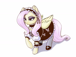 Size: 1600x1200 | Tagged: safe, artist:noupie, character:fluttershy, species:pegasus, species:pony, clothing, female, maid, maid headdress, mare, raised hoof, simple background, tail, white background, wings
