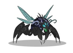 Size: 800x579 | Tagged: safe, artist:hexfloog, oc, oc only, oc:calypter, species:changeling, changeling mega evolution, changeling oc, four eyes, mandibles, monster, open mouth, simple background, solo, white background