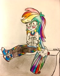 Size: 2393x3048 | Tagged: safe, artist:michaelmaddox222, character:rainbow dash, episode:sic skateboard, g4, my little pony: equestria girls, my little pony:equestria girls, spoiler:eqg series (season 2), :t, angry, blushing, bondage, clothing, colored, converse, female, half pipe, jeans, looking at you, pants, pencil drawing, shoes, signature, sitting, skateboard, sneakers, solo, straitjacket, traditional art