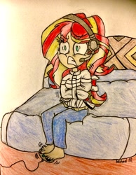 Size: 2448x3152 | Tagged: safe, artist:michaelmaddox222, character:sunset shimmer, episode:game stream, g4, my little pony: equestria girls, my little pony:equestria girls, spoiler:eqg series (season 2), angry, barefoot, bed, bondage, carpet, clothing, colored, controller, feet, female, headset, pencil drawing, psycho gamer sunset, rage, signature, sitting, solo, straitjacket, struggling, traditional art, wiggling toes